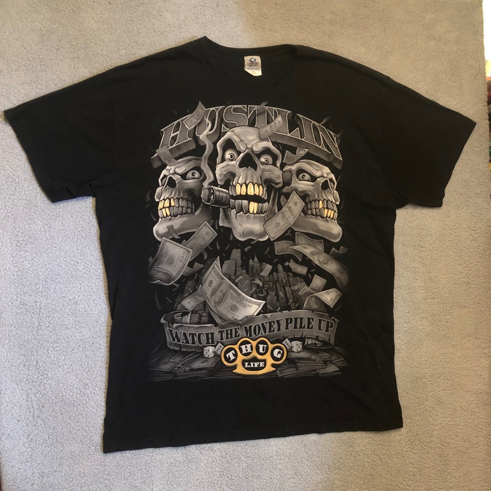 Liquid Blue Hustlin Thug Life Skulls Money Shirt 4XL Black 100% Cotton Tee